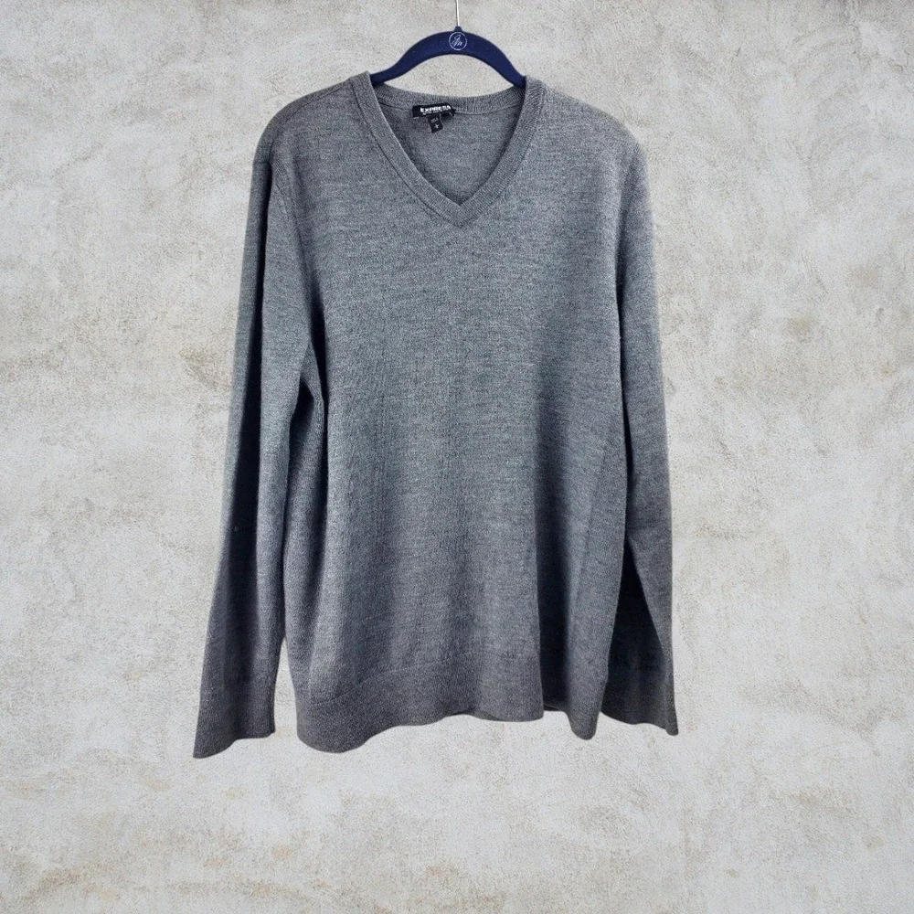 Express Mens‎ Merino Wool Blend V-Neck Sweater Heather Grey Large Regular Fit